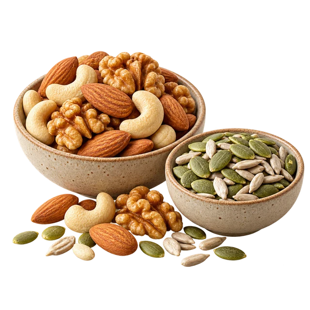 Bowls of almonds, cashews, walnuts, pumpkin seeds and sunflower seeds