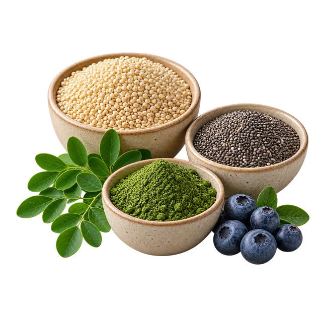 Bowls of quinoa, chia seeds and moringa powder with fresh leaves and blueberries