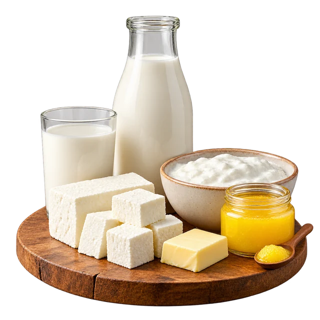 Milk, curd, paneer, butter and a jar of golden ghee on a wooden board